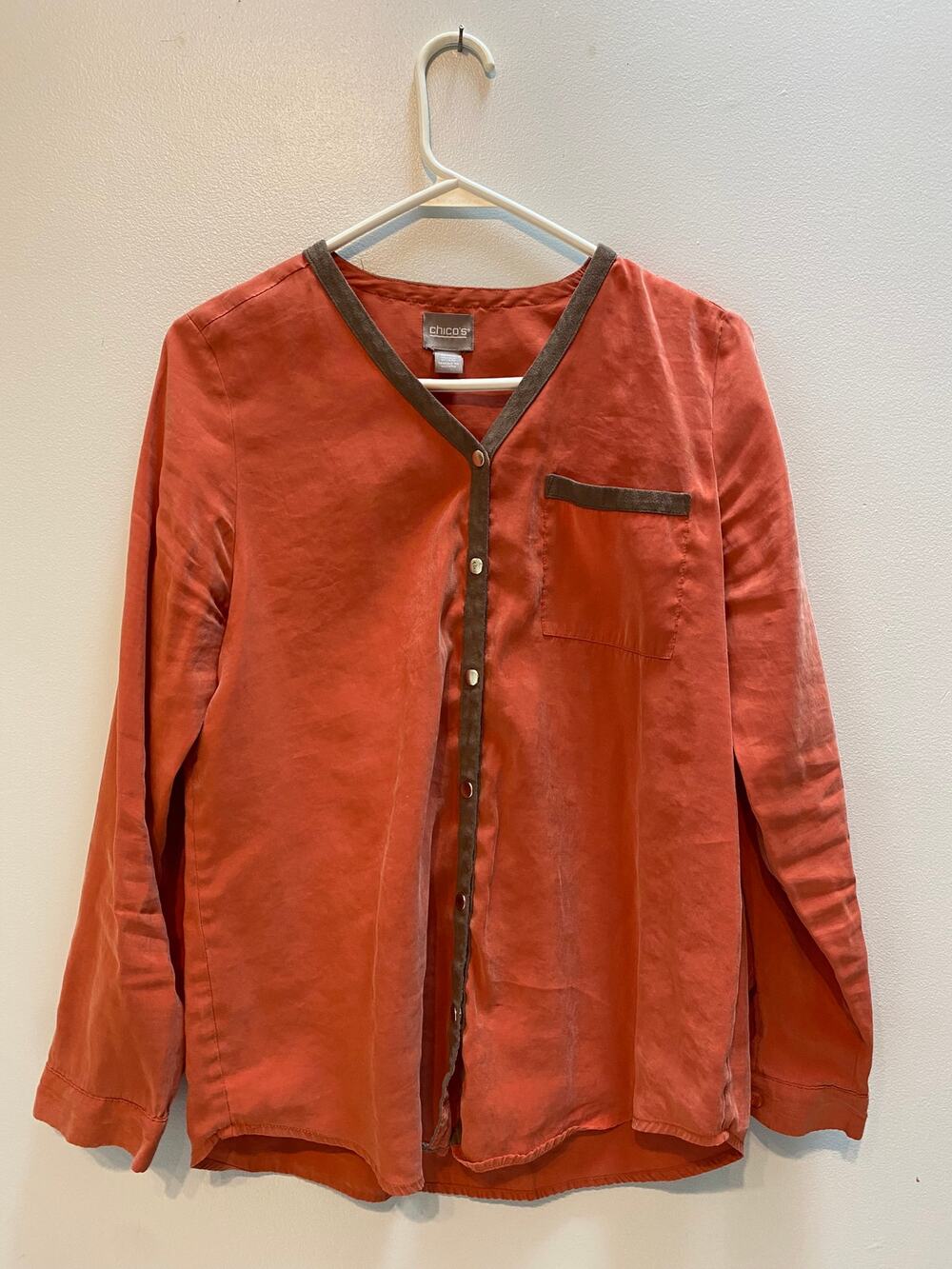 Chico's Persimmon Orange Blouse Faux Suede Trim Snap Front Size Small